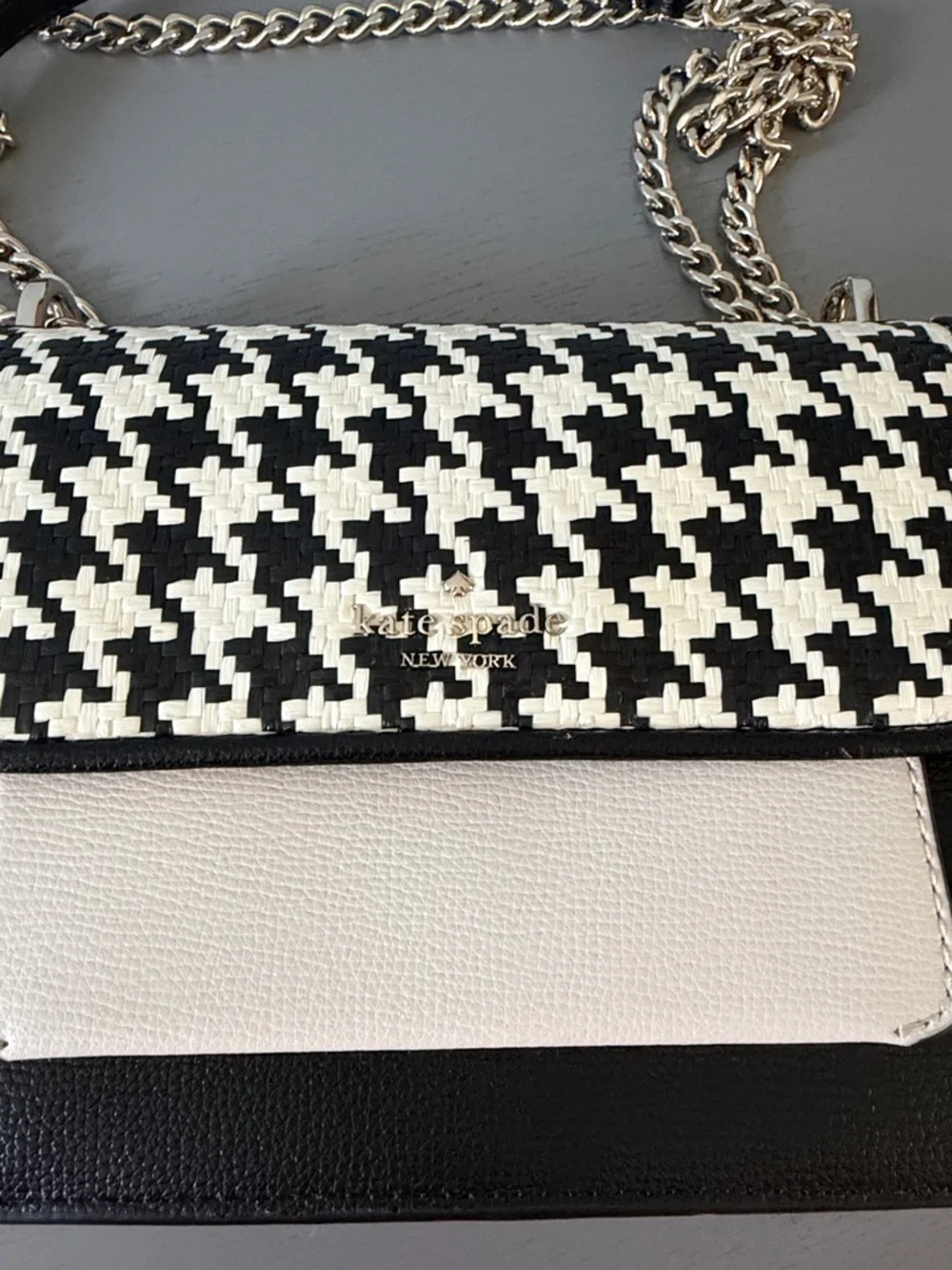 kate spade Black & White Houndstooth Crossbody with silver Chain